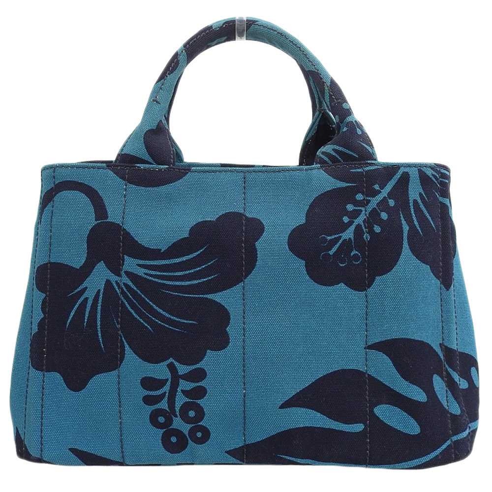 Prada Hibiscus Canapa Tote Handbag Canvas Turquoise Blue